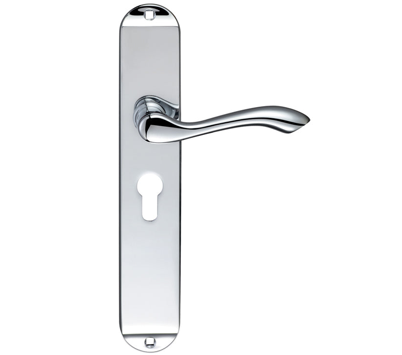 ZOO HARDWARE FULTON & BRAY ARUNDEL DOOR HANDLES ON LONG BACKPLATE, POLISHED CHROME - (SOLD IN PAIRS)