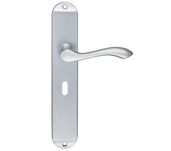 ZOO HARDWARE FULTON & BRAY ARUNDEL DOOR HANDLES ON LONG BACKPLATE, SATIN CHROME - (SOLD IN PAIRS)