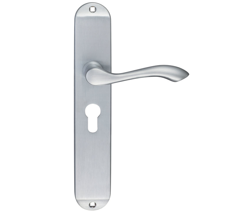 ZOO HARDWARE FULTON & BRAY ARUNDEL DOOR HANDLES ON LONG BACKPLATE, SATIN CHROME - (SOLD IN PAIRS)
