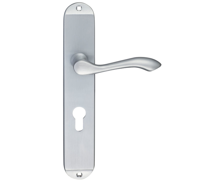 ZOO HARDWARE FULTON & BRAY ARUNDEL DOOR HANDLES ON LONG BACKPLATE, SATIN CHROME - (SOLD IN PAIRS)
