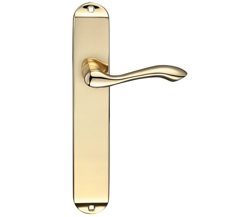 ZOO HARDWARE FULTON & BRAY ARUNDEL DOOR HANDLES ON LONG BACKPLATE, POLISHED BRASS - (SOLD IN PAIRS)