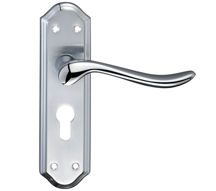 ZOO HARDWARE FULTON & BRAY LINCOLN DOOR HANDLES ON BACKPLATE, DUAL FINISH SATIN CHROME & POLISHED CHROME - (SOLD IN PAIRS)