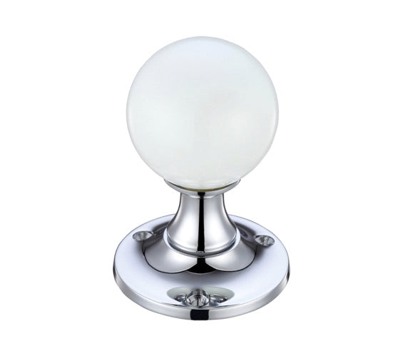 ZOO HARDWARE FULTON & BRAY WHITE GLASS BALL MORTICE DOOR KNOBS POLISHED CHROME – FB400CPWH (PAIR)