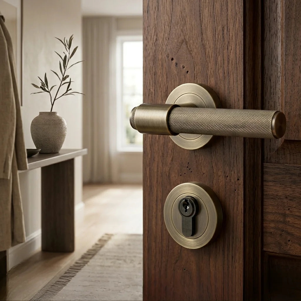 FLARE KNURLED DOOR HANDLE ON ROSE – LOCK PACK – ANTIQUE BRASS