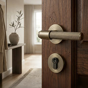 FLARE KNURLED DOOR HANDLE ON ROSE – LOCK PACK – ANTIQUE BRASS