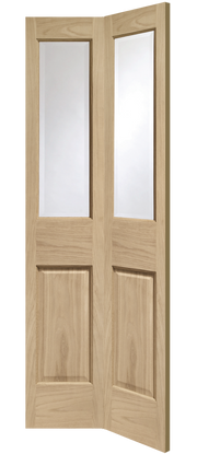 Wooden bi-fold door with glass panels on a white background