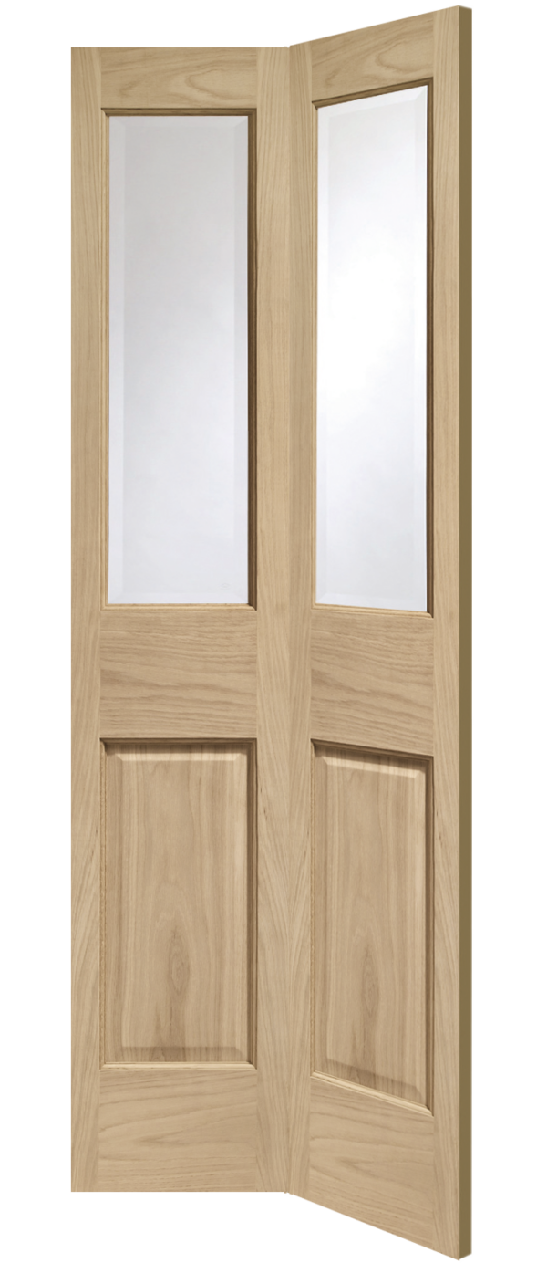 Wooden bi-fold door with glass panels on a white background