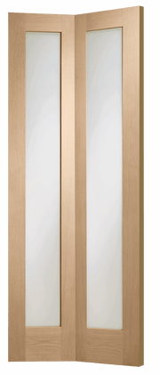 Wooden bi-fold door with frosted glass panels on a gray background