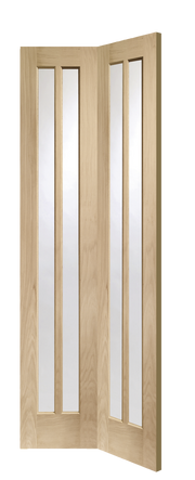 Wooden bi-fold door with glass panels on a white background