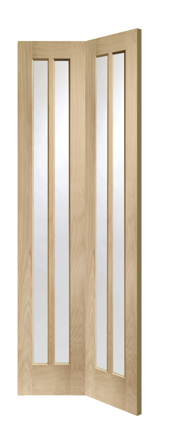 Wooden bi-fold door with glass panels on a white background