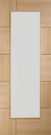 Wooden door with a white panel on a wooden background