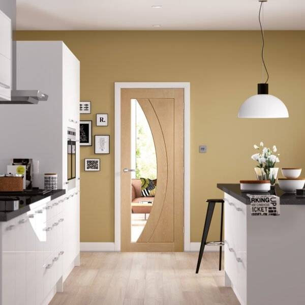 Modern kitchen with a wooden door and yellow walls