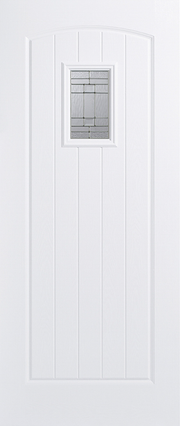 White door with a small rectangular glass panel on a white background