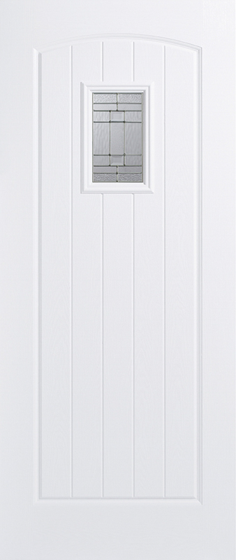 White door with a small rectangular glass panel on a white background