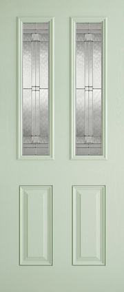 Light green door with decorative glass panels