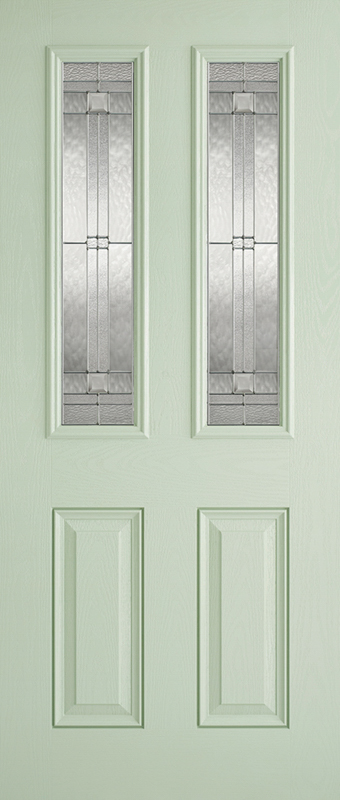 Light green door with decorative glass panels