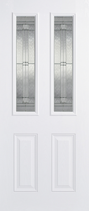 White door with decorative glass panels on a white background