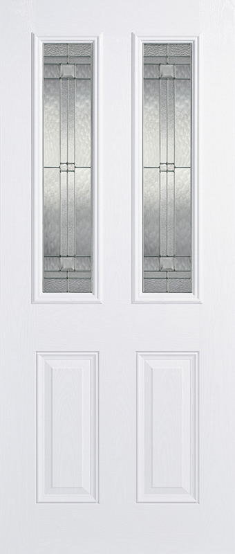White door with decorative glass panels on a white background