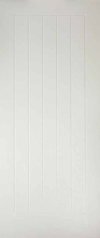 White paneled door with vertical slats on a white background