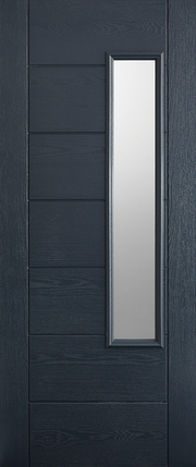 Dark gray door with a narrow vertical glass panel