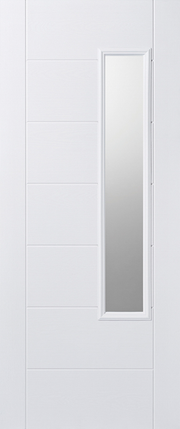 White door with a rectangular glass panel on a white background