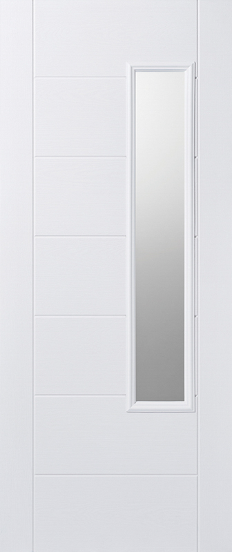 White door with a rectangular glass panel on a white background