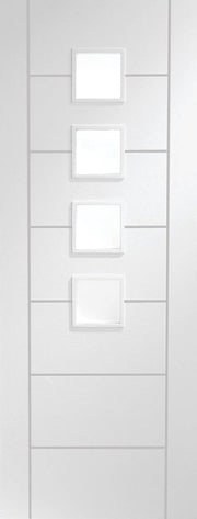 Modern white door with square glass panels on a light gray background