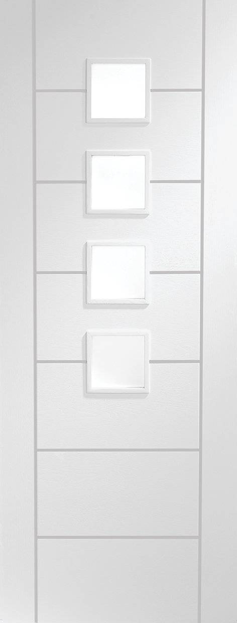 Modern white door with square glass panels on a light gray background
