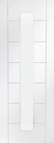 White door with a grid pattern on a white background