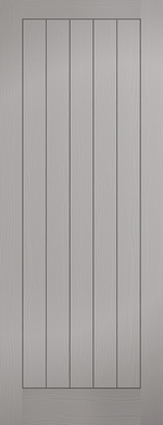 Gray door with vertical slats on a gray background