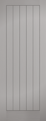 Gray door with vertical slats on a gray background