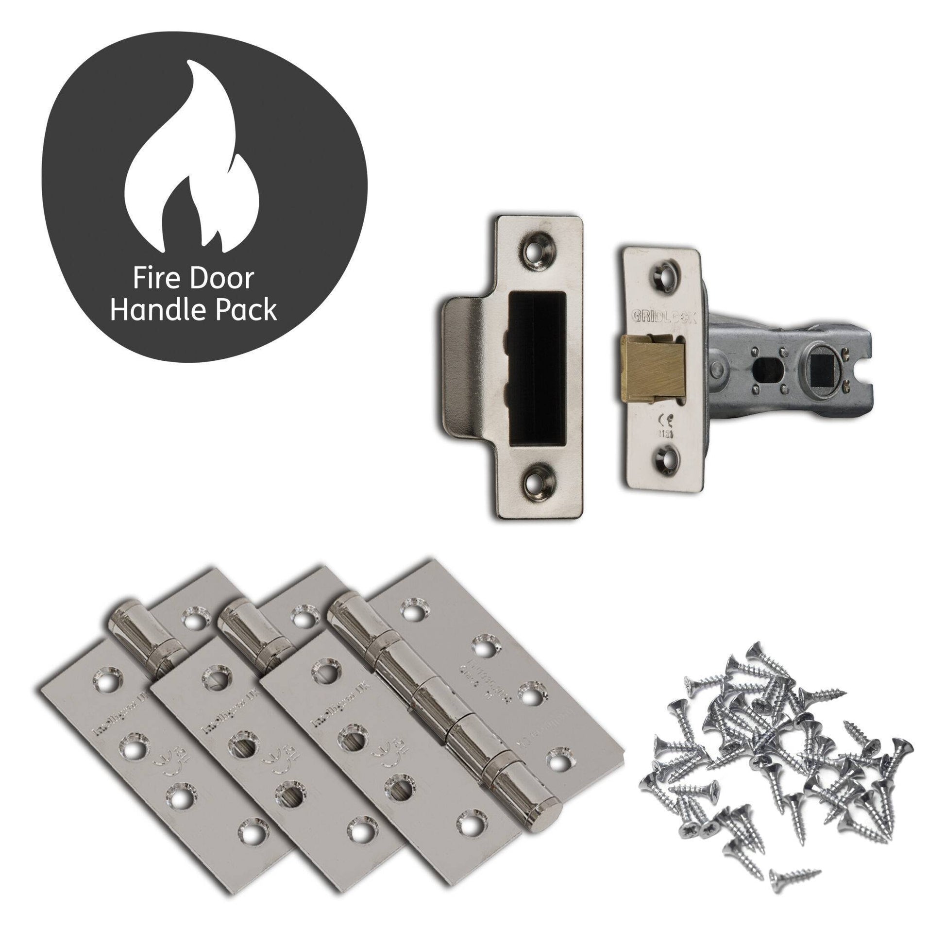 Fire door handle pack with handles, hinges, and screws on a white background
