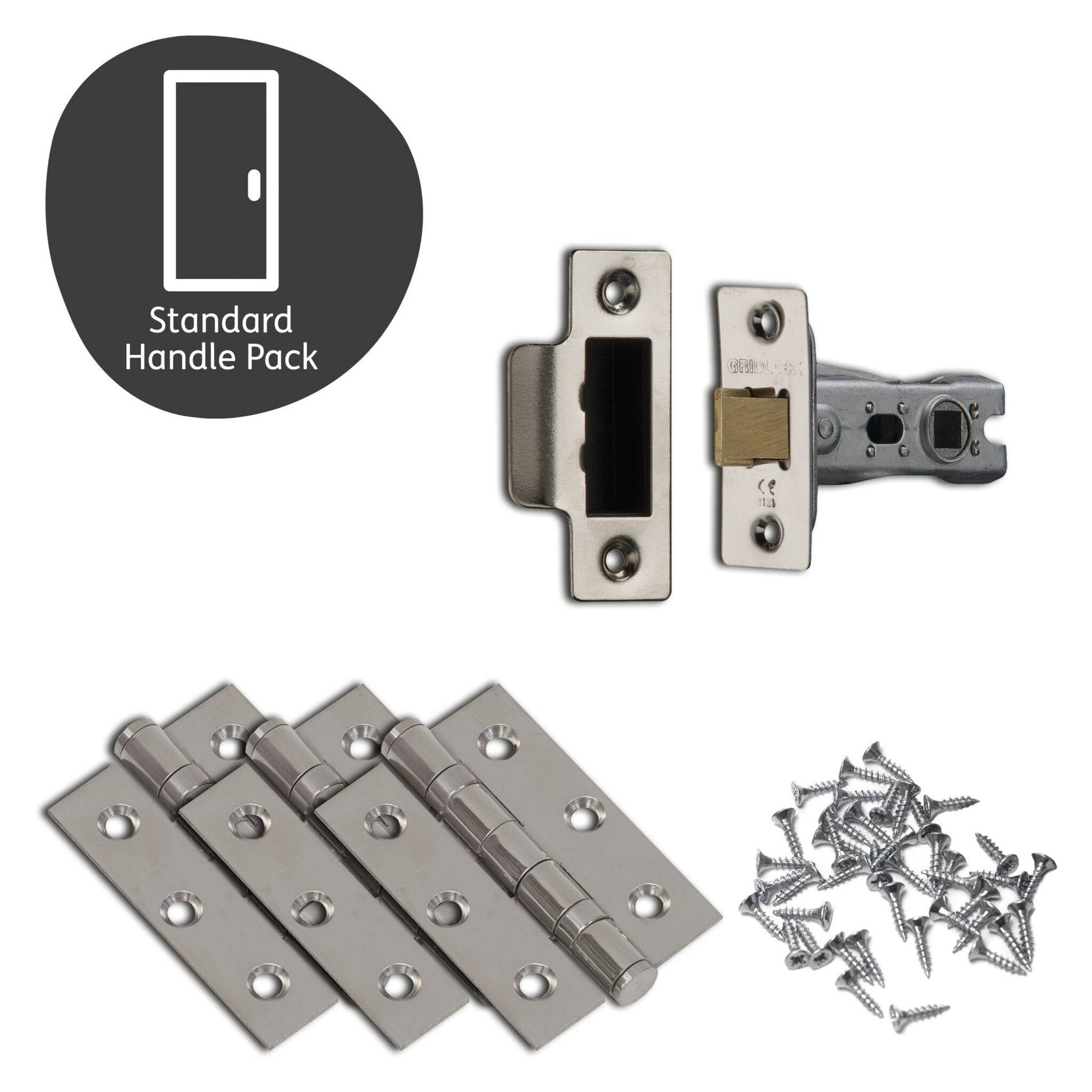 Door hardware pack including handles, hinges, and screws on a white background