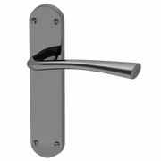 Metal door handle on a gray background