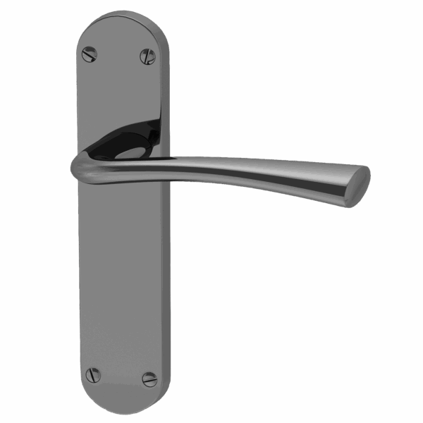 Metal door handle on a gray background