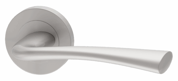 Silver door handle on a light gray background