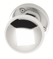 Round metallic bottle opener with a white handle on a white background