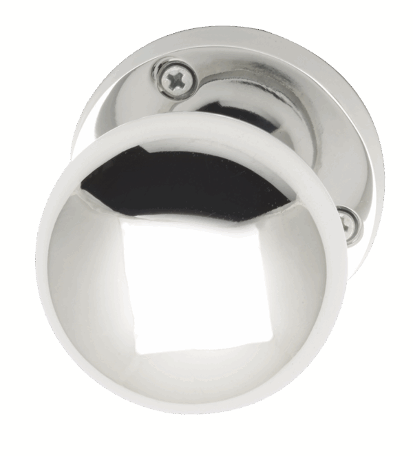 Round metallic bottle opener with a white handle on a white background