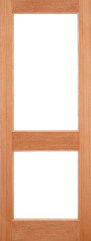 Wooden door with a clear glass panel on a white background