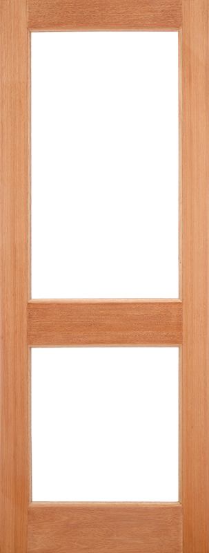 Wooden door with a clear glass panel on a white background