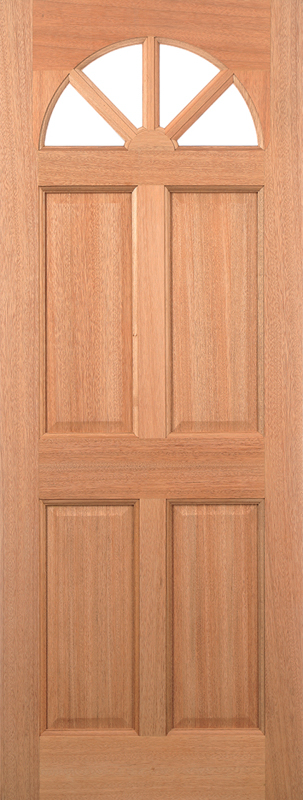 Wooden door with a half-circle window design