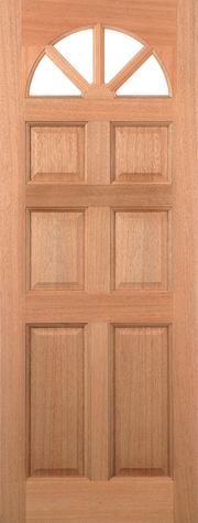 Hardwood door with six panels and a fanlight