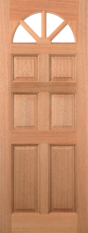 Hardwood door with six panels and a fanlight