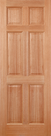 Hardwood door with six panels on a wooden background