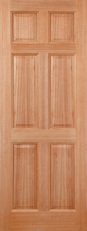 Hardwood door with six panels on a wooden background