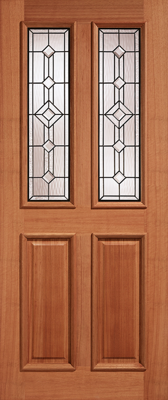 Hardwood door with decorative glass panels