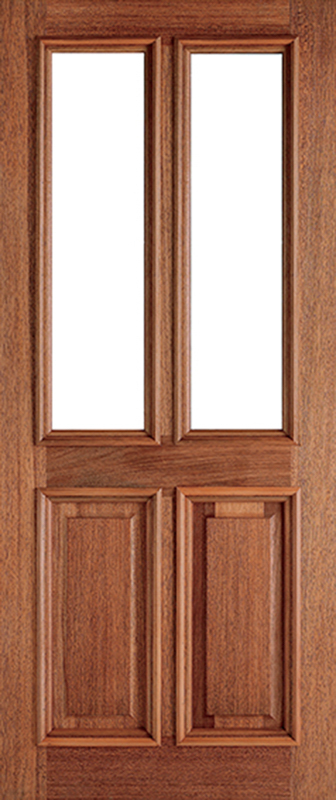 Hardwood door with two glass panels and two rectangular panels below