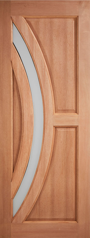 Hardwood door with a curved glass panel