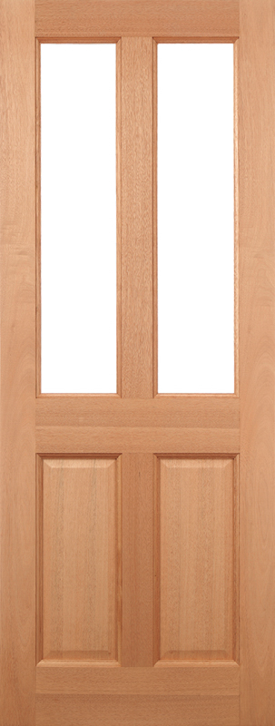Hardwood door with two vertical glass panels and four panels below on a white background