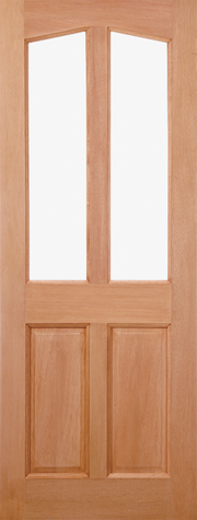Hardwood door with two glass panels and two solid wooden panels.